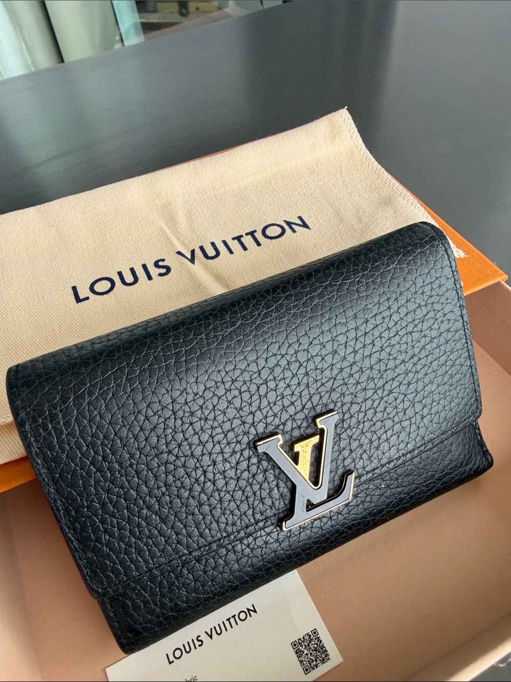 Louis Vuitton Black Grained Leather Compact Card Holder with Gold LV Logo
